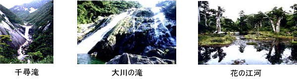 左：千尋滝の写真中央：大川の滝の写真右：花の江河の写真